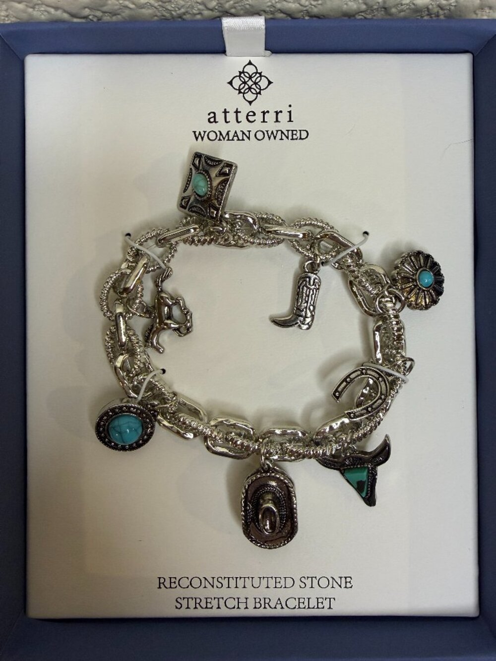 Atterri Western Turquoise Stone Cowgirl Charm Stretch Bracelet NWT